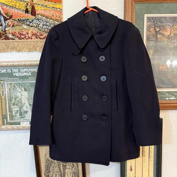 Vintage 40s WW2 US Naval Clothing Factory 10 Button Navy‎ Wool PeaCoat Military